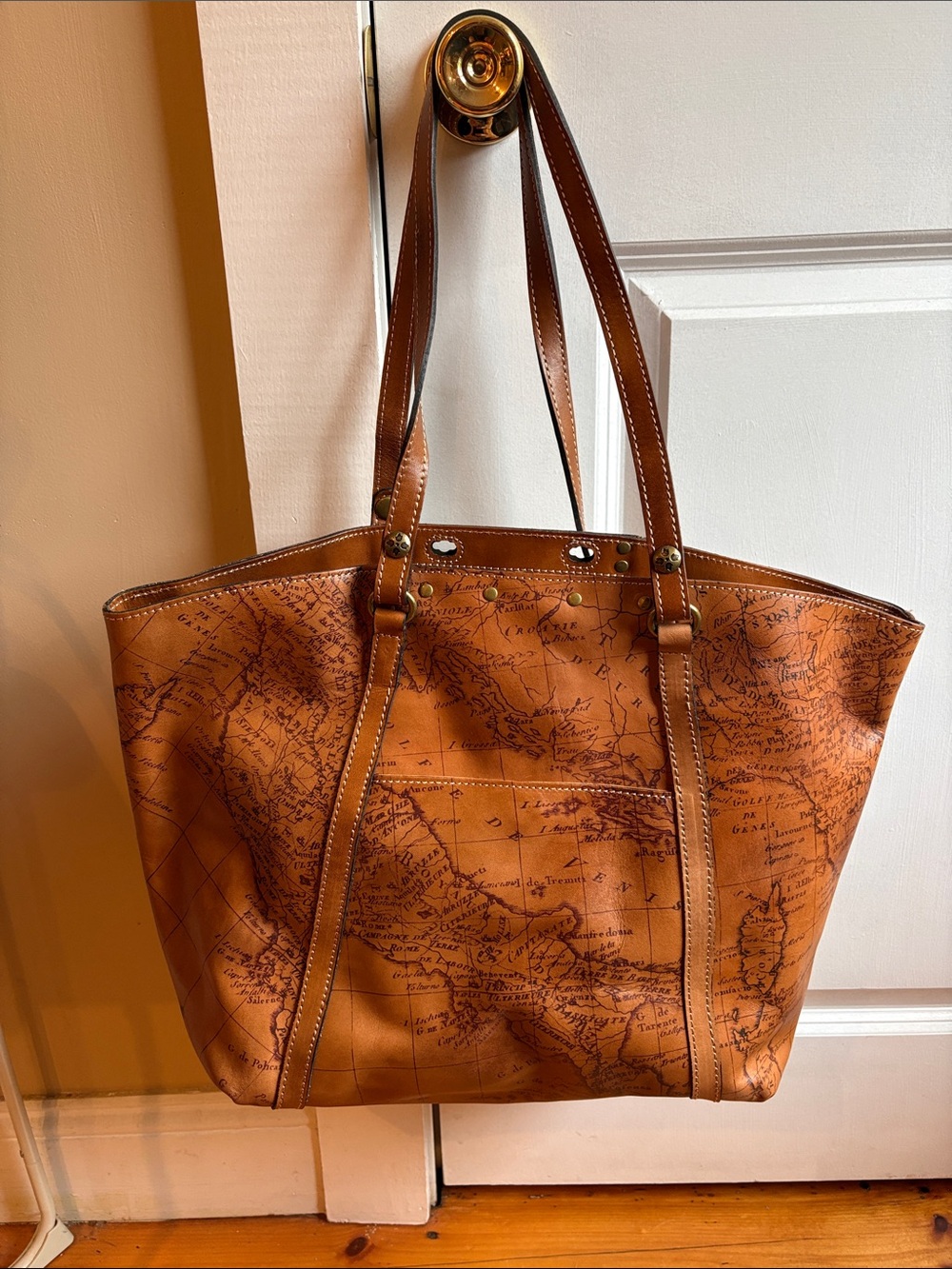 Patricia Nash Map-Print Leather Tote in Cognac Brown